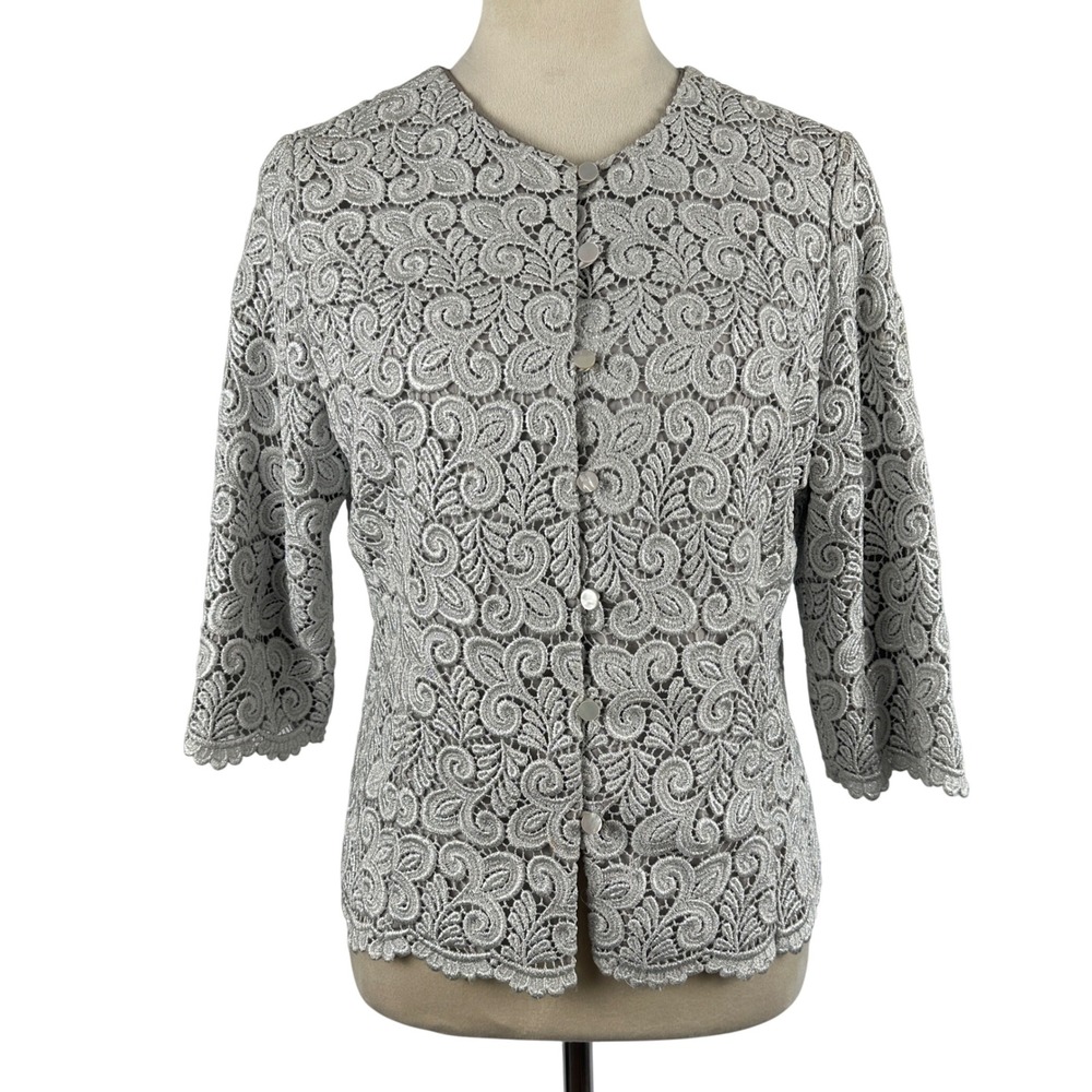 Vintage Talbots Petites Gray Lace Metallic 3/4 Sleeve Button Cardigan Womens‎ 10